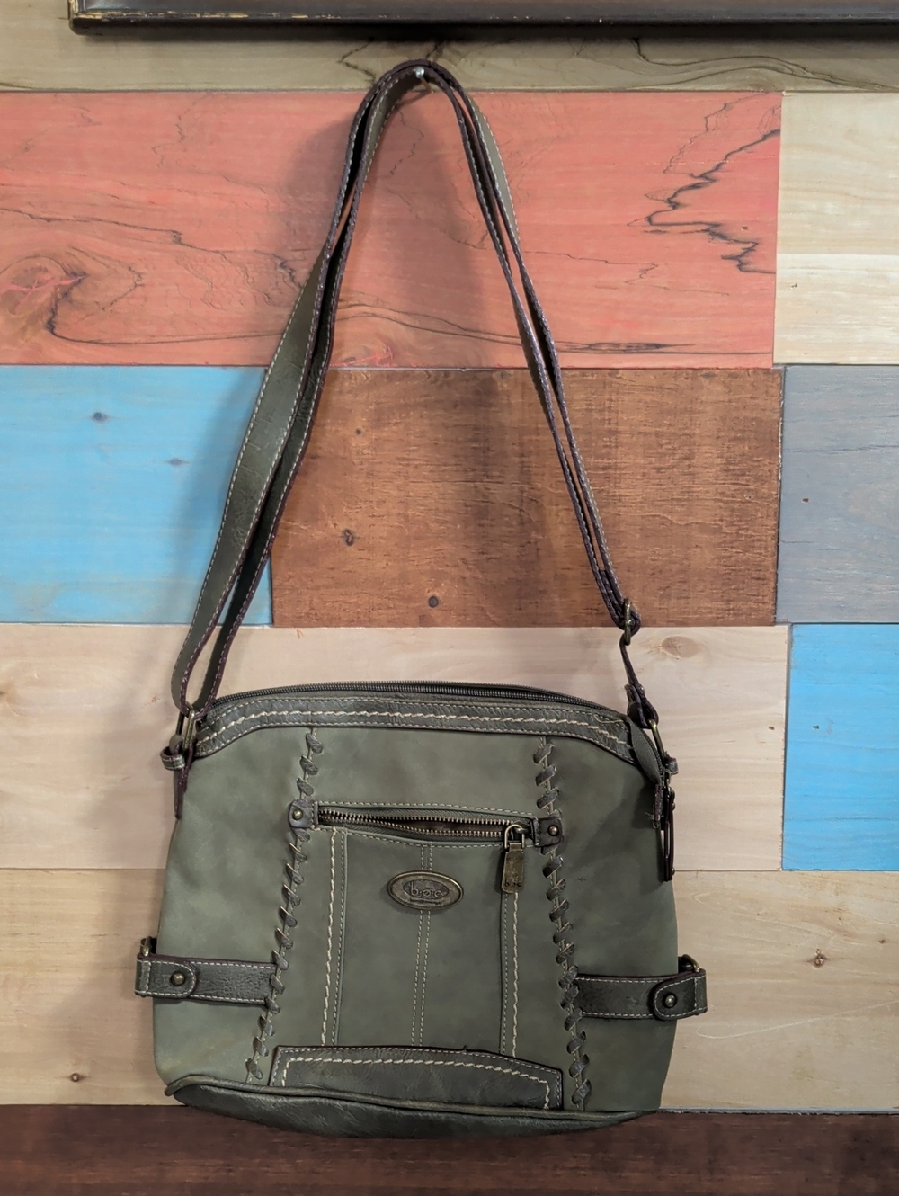 b.o.c. Olive Green Leather Crossbody with Dark Brown Trim